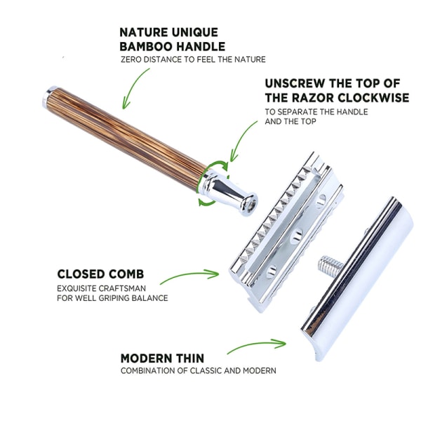 Miljøvennlig barberhøvel Langt naturlig bambushåndtak Double Ed N2