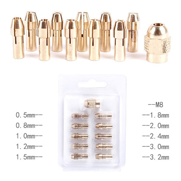 10/11 stk mini borespændepatron 0,5-3,2 mm diameter messing patroner gold +11pcs