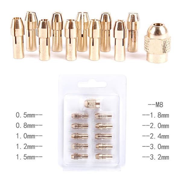 10/11 stk mini borespændepatron 0,5-3,2 mm diameter messing patroner silver +11pcs