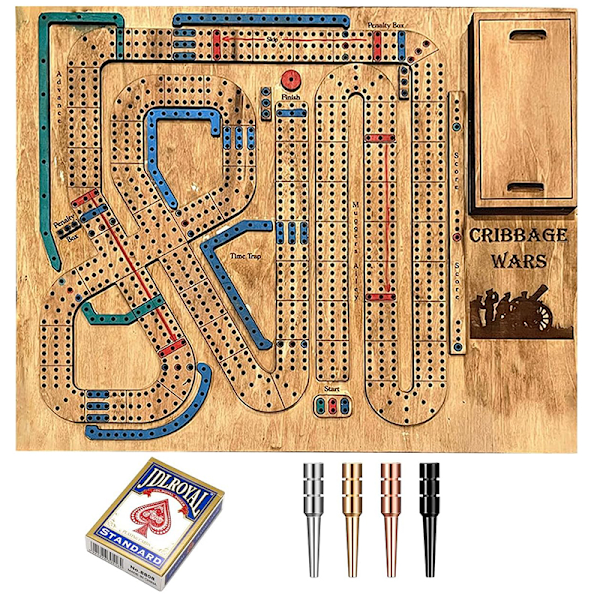 Wooden Cribbage Wars Board Game With Built-in Cribbage Pegs A