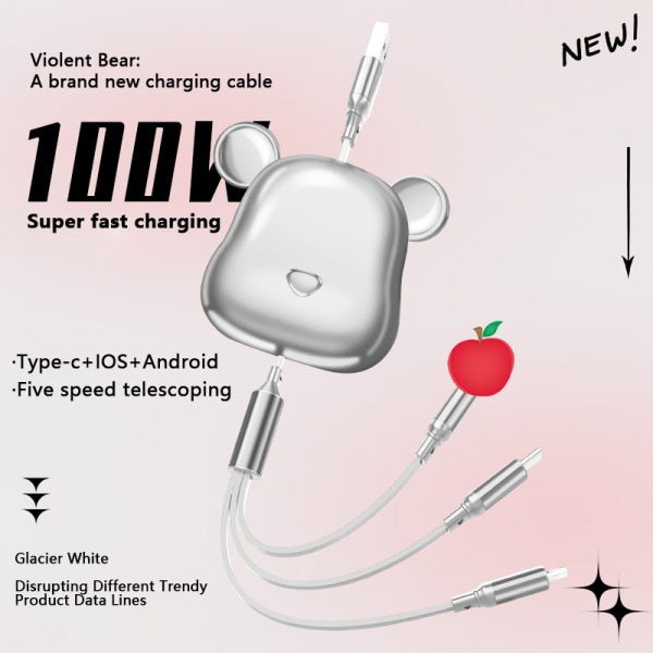 Bear 66W 3 in 1 sisäänvedettävä kannettava Lightning Micro USB Type C Red