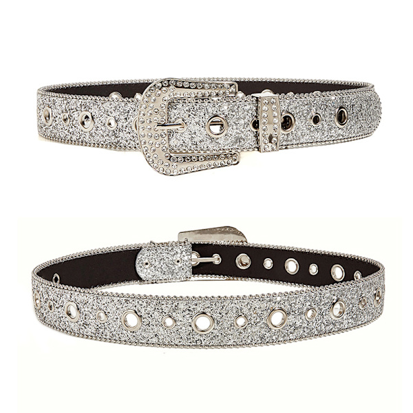 Shinning til Rhinestone bælter PU læder vestlige pigebælte Silver