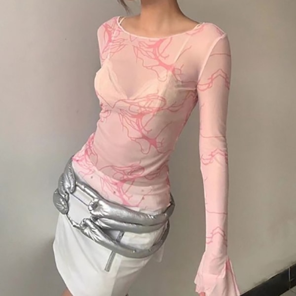 Tie Dye Mesh Toppar Långärmad Grafiskt print Se Through T-shirt Pink L