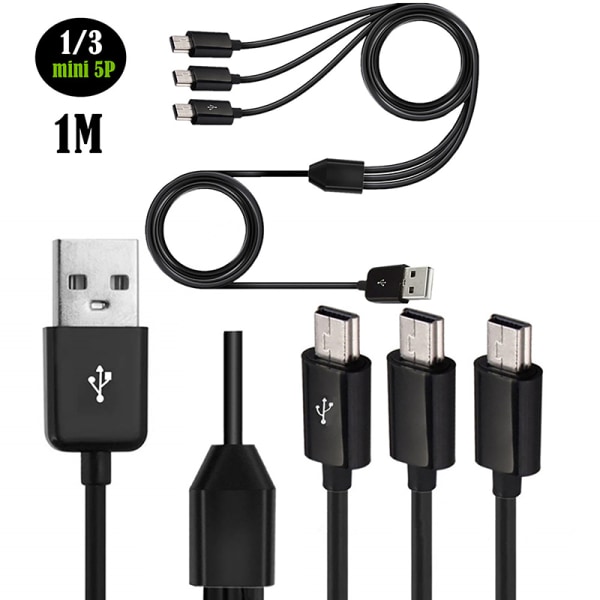 USB A hane 1 till 3 USB 5-stifts mini USB dataladdare Y splitterhytt