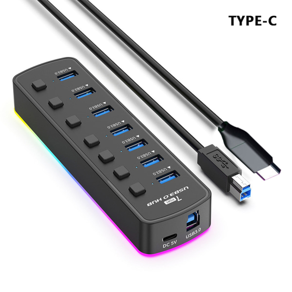 RGB USB 3.0 Hub 7 Ports Data Port Adapter 5Gbps TYPE-C