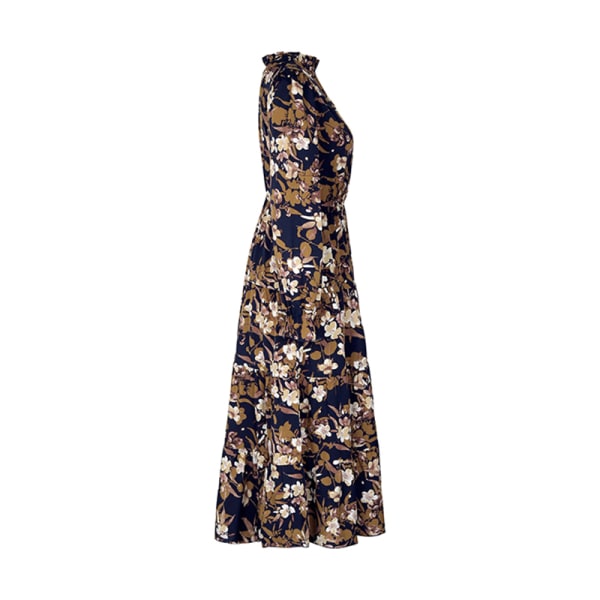 Kvinners mote Botanisk blomstertrykk Ruffle V-hals kjoler NavyBlue M