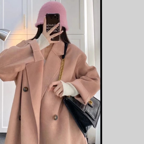 Muoti kaksirivinen löysä pitkä villatakki naisille Pink XL