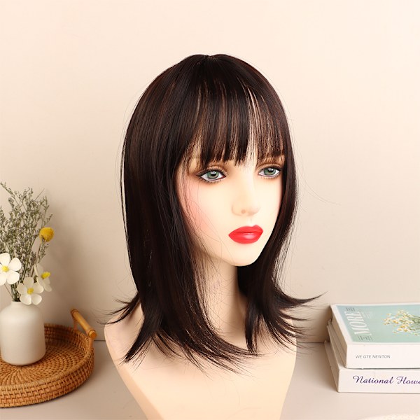 Perukbit för kvinnor Hårbit 3D Fluffy Bangs Peruk Black 25CM