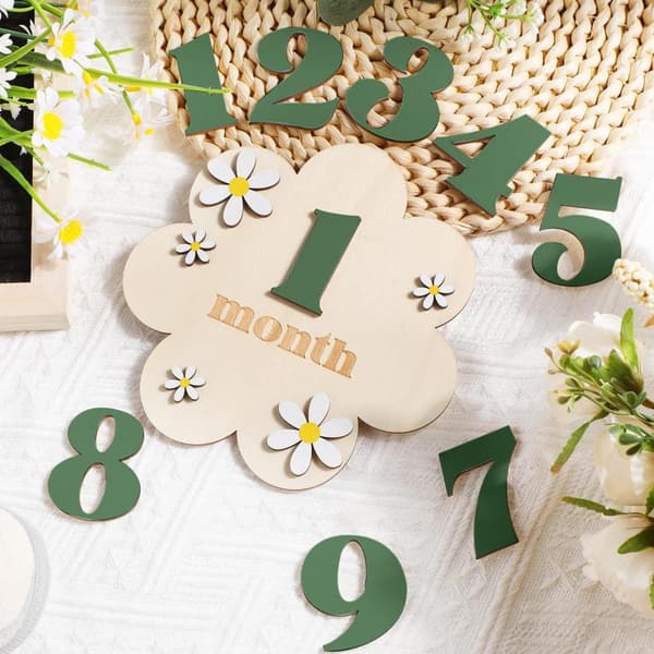 Milstolpskort i trä för bebisar, månadsvis, blommor, dubbelsidiga nummer White