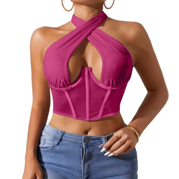 Cross Wrap Tie Ryggløs Satin Halter Topp Rose L