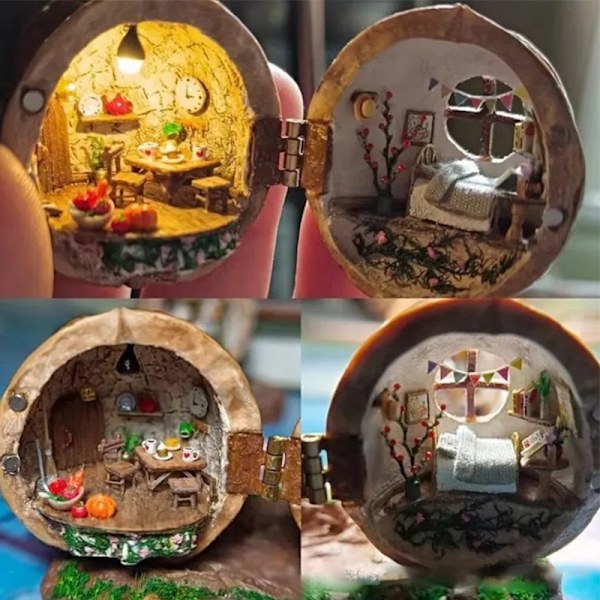 Harpiks valnøddeskal dukkehus Miniature dukkehussæt G