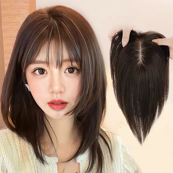Perukbit för kvinnor Hårbit 3D Fluffy Bangs Peruk Dark brown 25CM