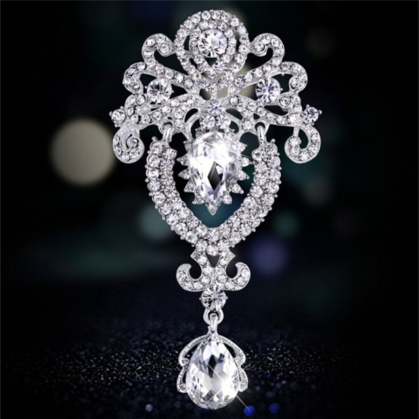 Bröllopsbrosch med stora blommor i silver Rhinestone Crystal Diamante W White