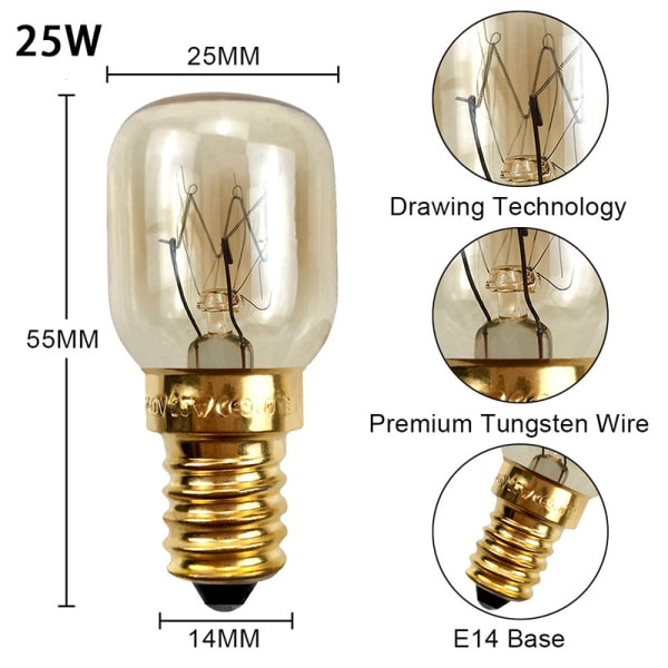 2 stk 300 grader høj temperatur resistent mikrobølgeovn lampe Gold 25W
