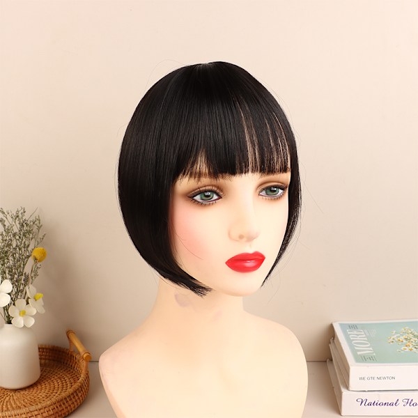 Perukbit för kvinnor Hårbit 3D Fluffy Bangs Peruk Black 25CM