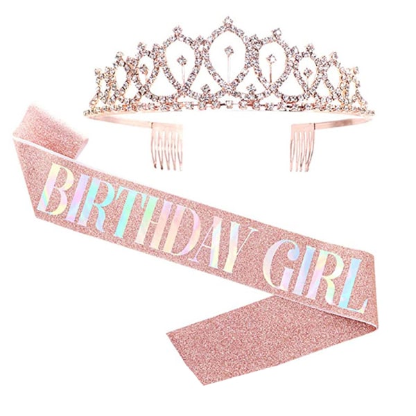 1 Sæt Bling Rhinestone Crown Tiara Sash Fødselsdag Jubilæum Par Multicolor BIRTHDAY GIRL