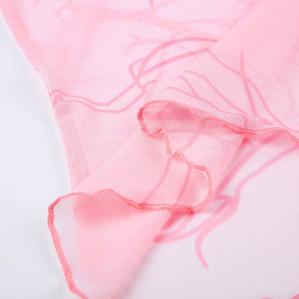 Tie Dye Mesh Toppe Langærmet Grafisk Print Se Through T-shirt Pink 2XL