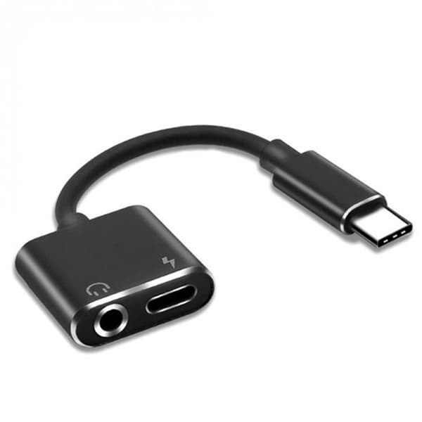 Adapter Charge Headphone 2 i 1 Type-C til 3,5 mm Jack Head Aux o Black