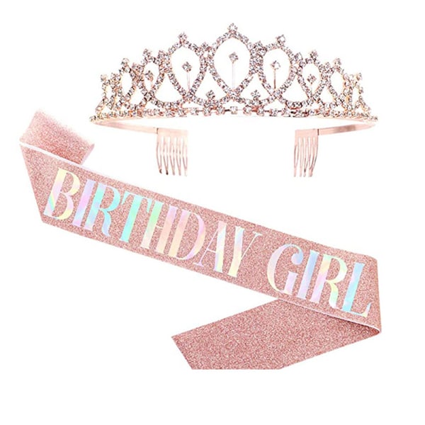 1 Sæt Bling Rhinestone Crown Tiara Sash Fødselsdag Jubilæum Par Multicolor BIRTHDAY GIRL