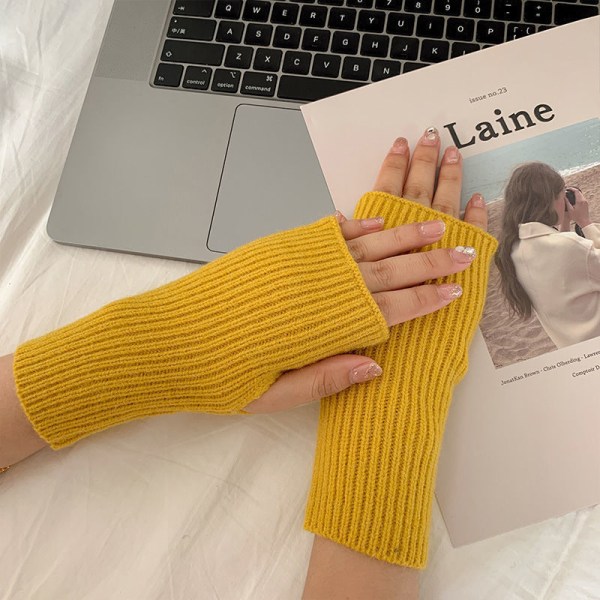 1 par solide halvfinger handsker blød uld strikke arm handsker Yellow
