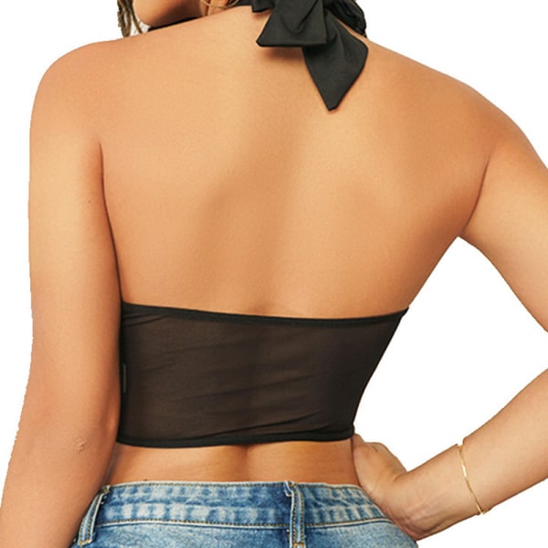 Cross Wrap Tie Ryggløs Satin Halter Topp Black L