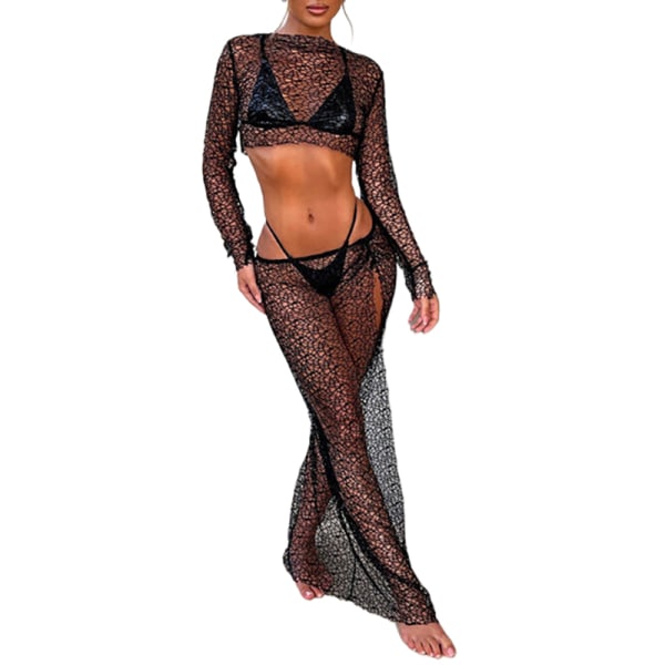 Sexy mesh 2-delt sett for kvinner Crop Tops Skjørt Strandkjole Black M