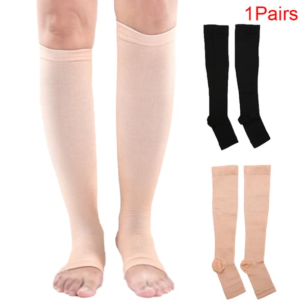 1Pari Compression Socks Jalka Polvi Varicose Open Toe Sukat Black