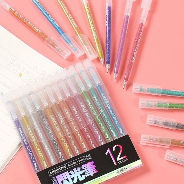 12 farger/sett Metallic Glitter Pen Tegning Pastell Highlighter