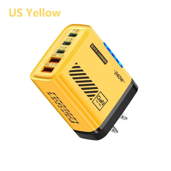 240W 5-porters telefonlader 2 USB 3 Type C hurtiglading PD QC3. Yellow US