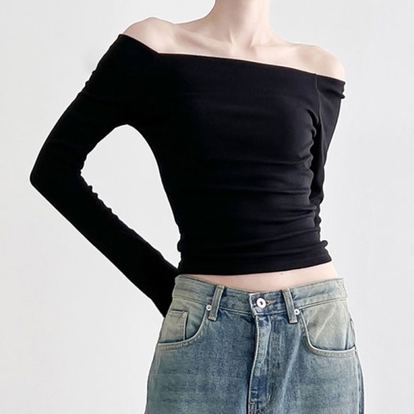 Off-shoulder Elegant långärmad T-shirt Dam höstkläder Black XL