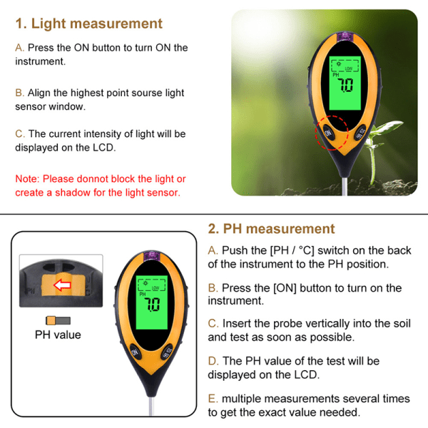 4 in 1 Soil PH Tester Fuktmätare för trädgårdsgräsmattor