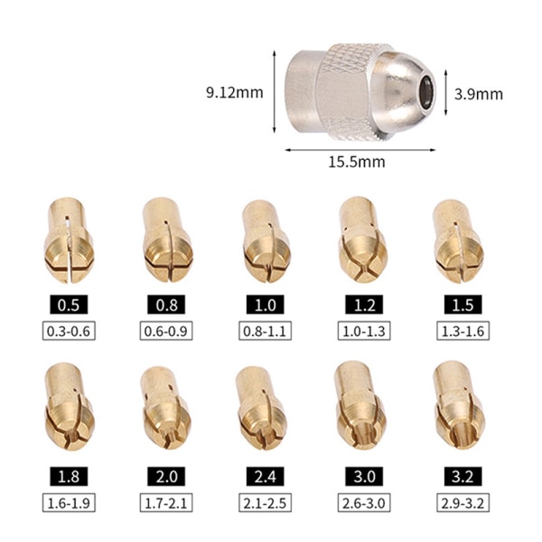 10/11 stk mini borespændepatron 0,5-3,2 mm diameter messing patroner silver +11pcs