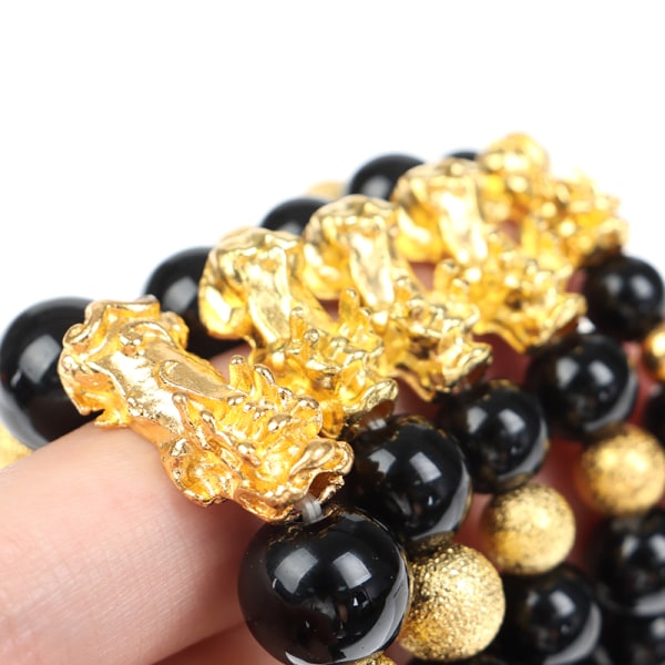 Feng Shui Obsidian Stone Beads Armbånd Mænd Kvinder Unisex Wristb Black+Gold