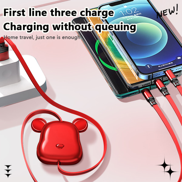 Bjørn 66W 3 i 1 uttrekkbar bærbar Lightning Micro USB Type C Red