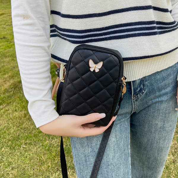 PU læder skuldertaske Broderi Mobiltelefon Tasker Black