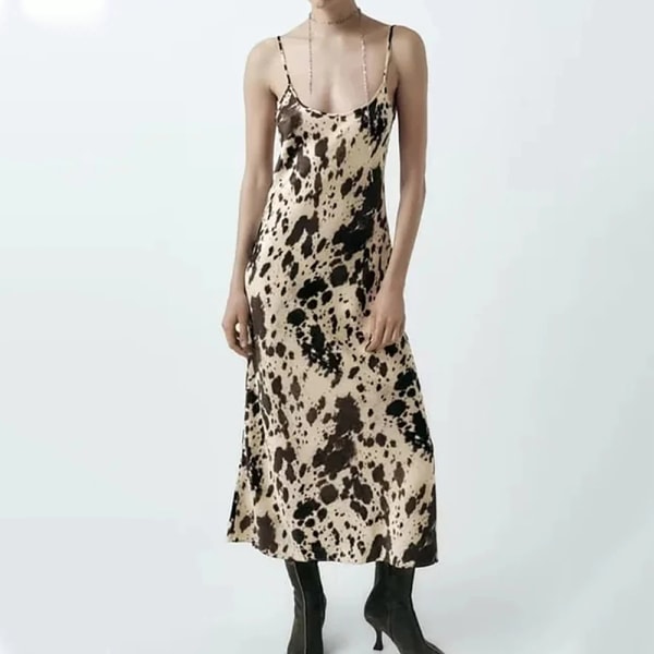Dam Leopard Print Djup V-ringad Kvinna Backless Solklänningar color S