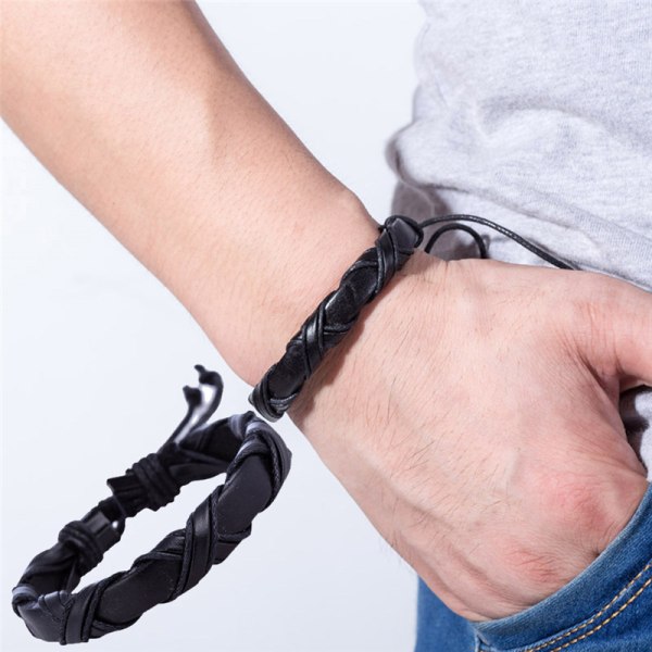 Handgjorda Läder Män Kvinnor Rep Armband Armband Manschett Armband Black 21cm