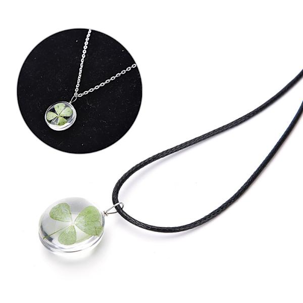 Ægte Grøn Lucky Shamrock Firkløver Runde Pendant Neckla silver