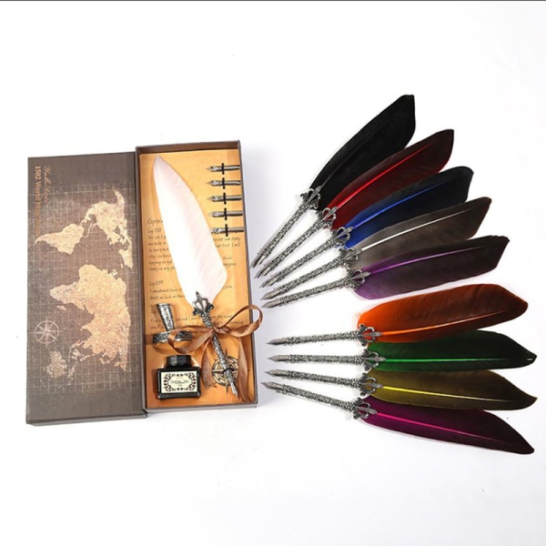 1 Sett Retro Skrivepenn Vintage Kalligrafi Feather Dip Pen red