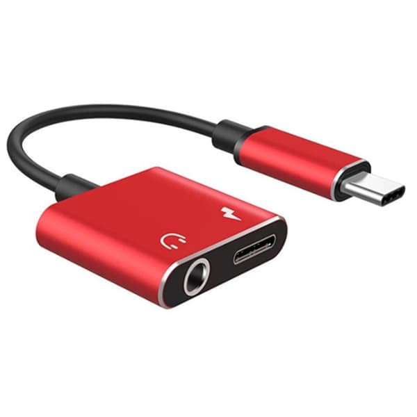 Adapter Charge Headphone 2 i 1 Type-C till 3,5 mm Jack Head Aux o Red