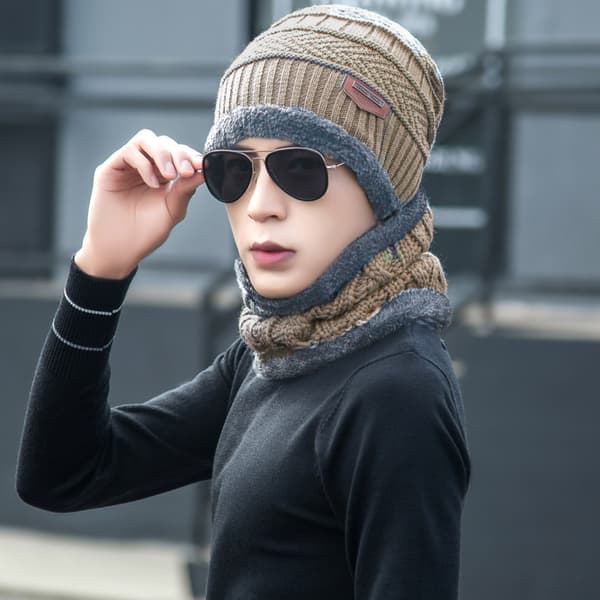 Winter Warm Cap Scarf Glove Herr Thermal vindtät stickad mössa Gray
