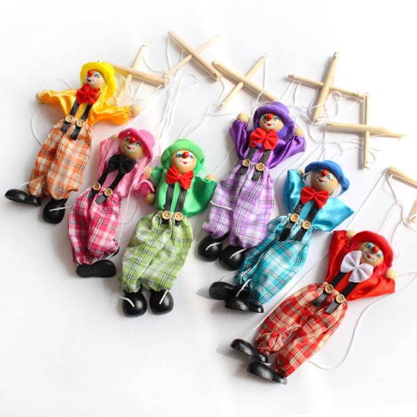 Värikäs vetonauhanukke Clown Puinen marionette Red