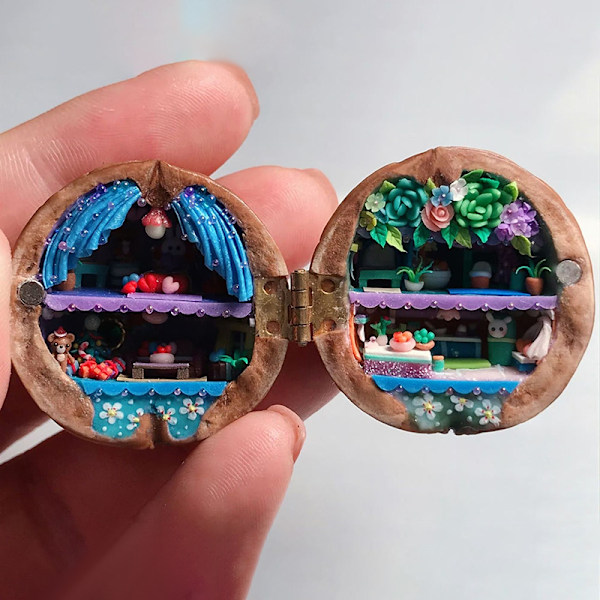 Harpiks valnøddeskal dukkehus Miniature dukkehussæt E