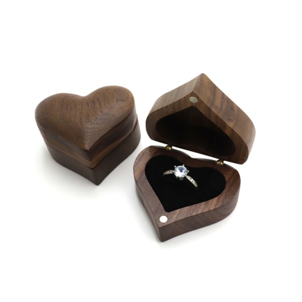 Heart Walnut Wood Ring Box Holder Smykker Oppbevaringsbokser Black