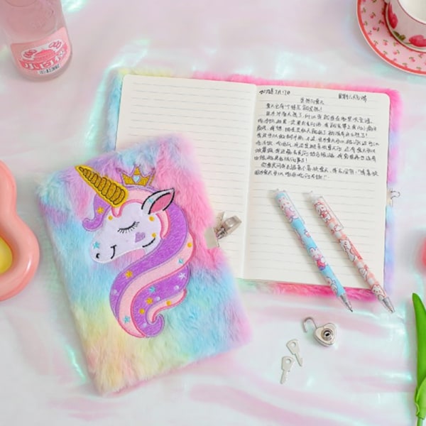 Tegneserie Unicorn Notesbog Plys håndbog med lås til børn Pink