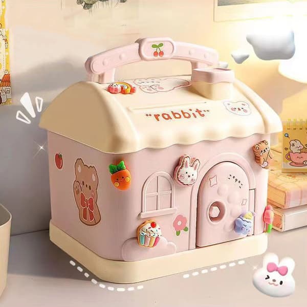 1 Set e Litet Hus Spargris Tecknad Fyrkantig Pengalåda Spargris Pink