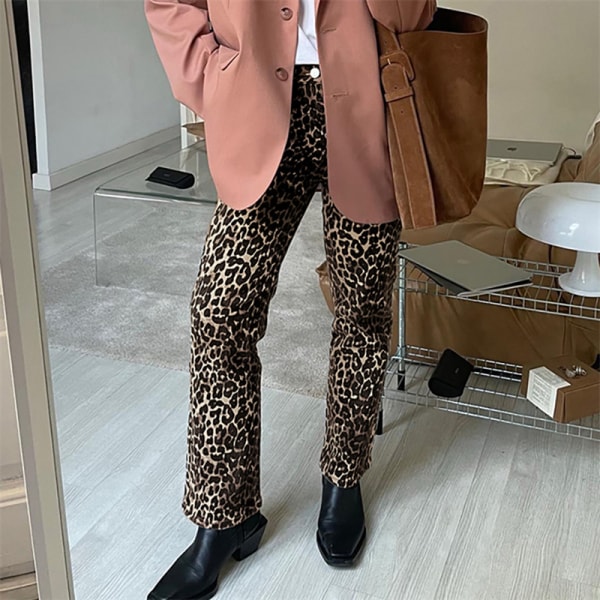 Dame jeans Tan Leopard Jeans Bukser Talje Lige bukser leopard print M