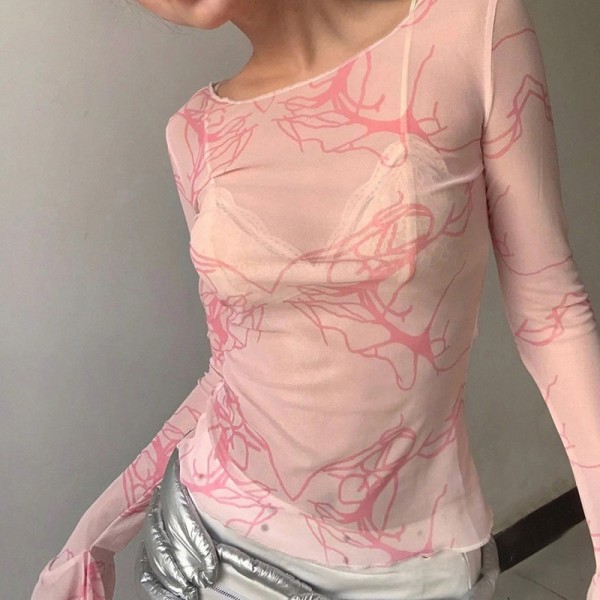 Tie Dye Mesh Topper Langermet grafisk trykk Se Through T-skjorte Pink M