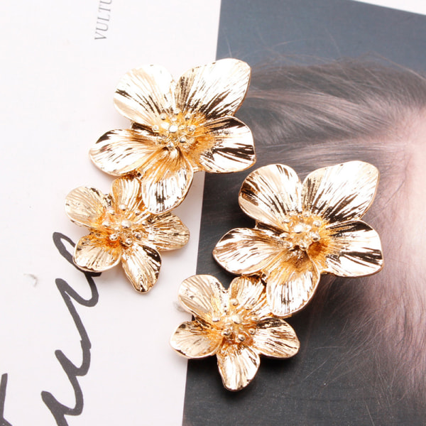 Vintage doble blomst drop øredobber dingle fest smykker Gold