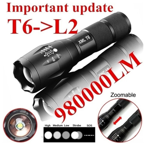 T6 Tactical Military LED-lommelygte 980000LM Zoombar 5-Mode Wi Black